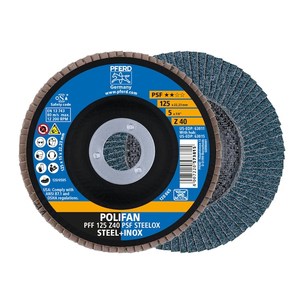 Pferd 5" x 7/8" A.H. POLIFAN Flap Disc - Z PSF STEELOX, Zirconia, 40 Grit, Flat 63011 - main